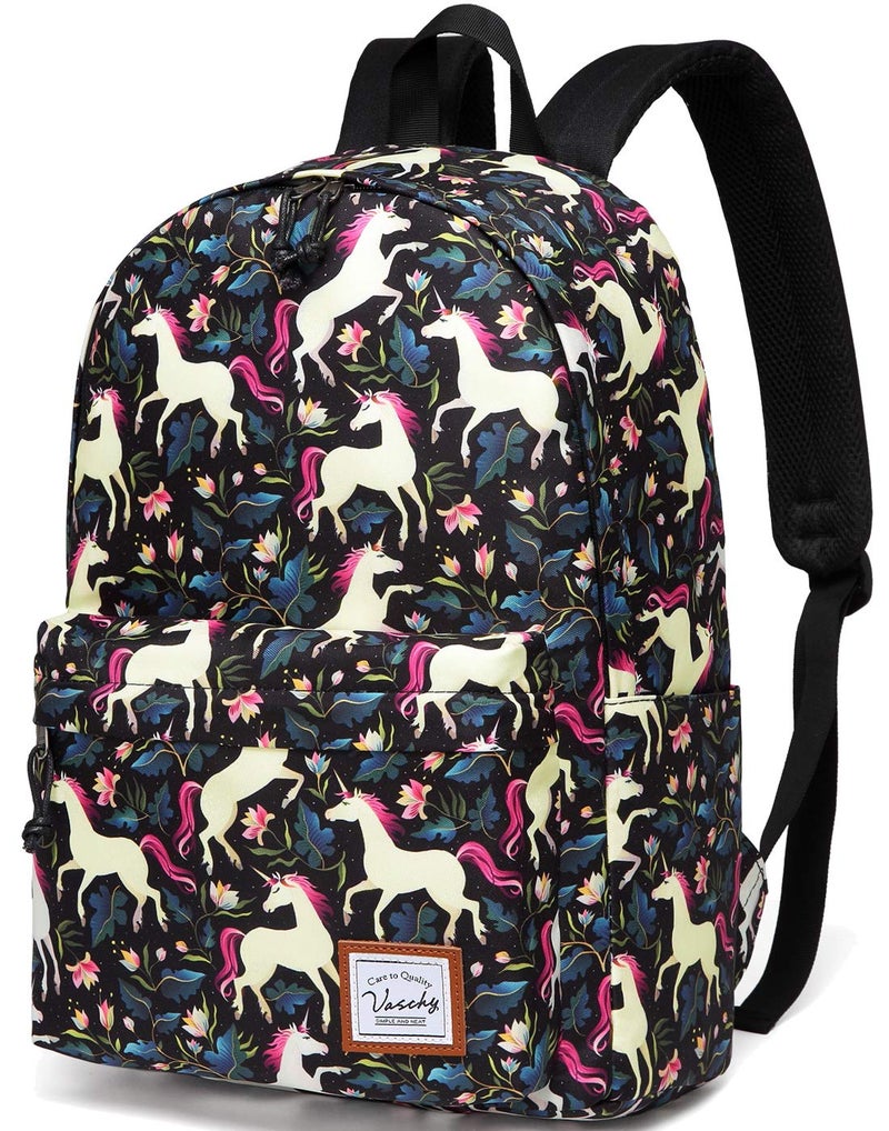 VASCHY School Backpack for Girls, Cute Schoolbag Bookbag for Kids/Teens/Middle School/College/Work Backpack for Women, Black Unicorn - Image 1